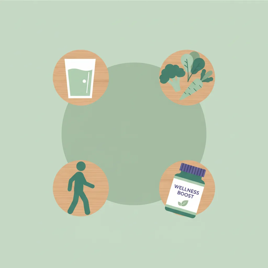 Modern livsstilsillustration med glas vatten, grönsaker och ett supplement - aktiv livsstil