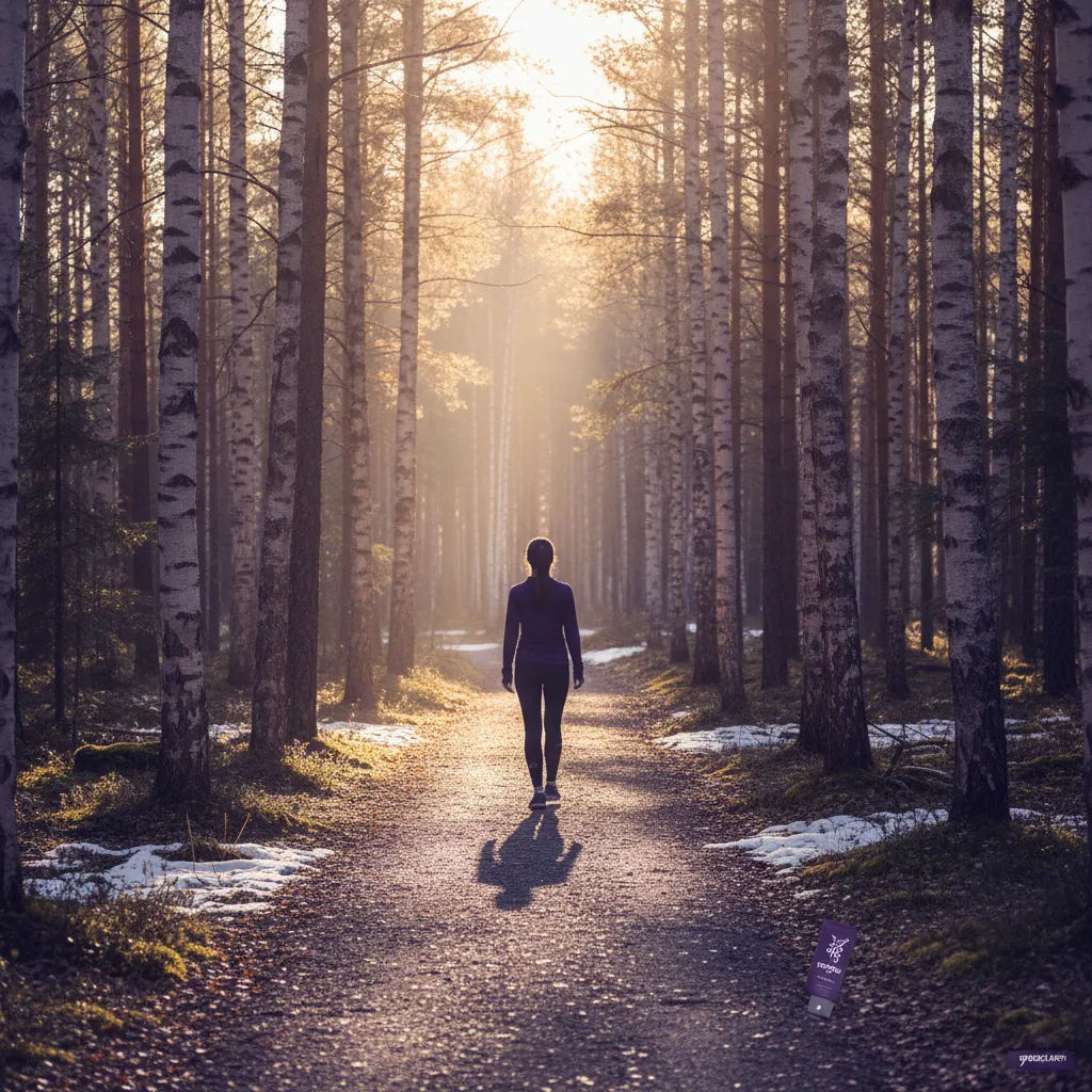 Anonym person promenerar på en solig stig i nordisk natur